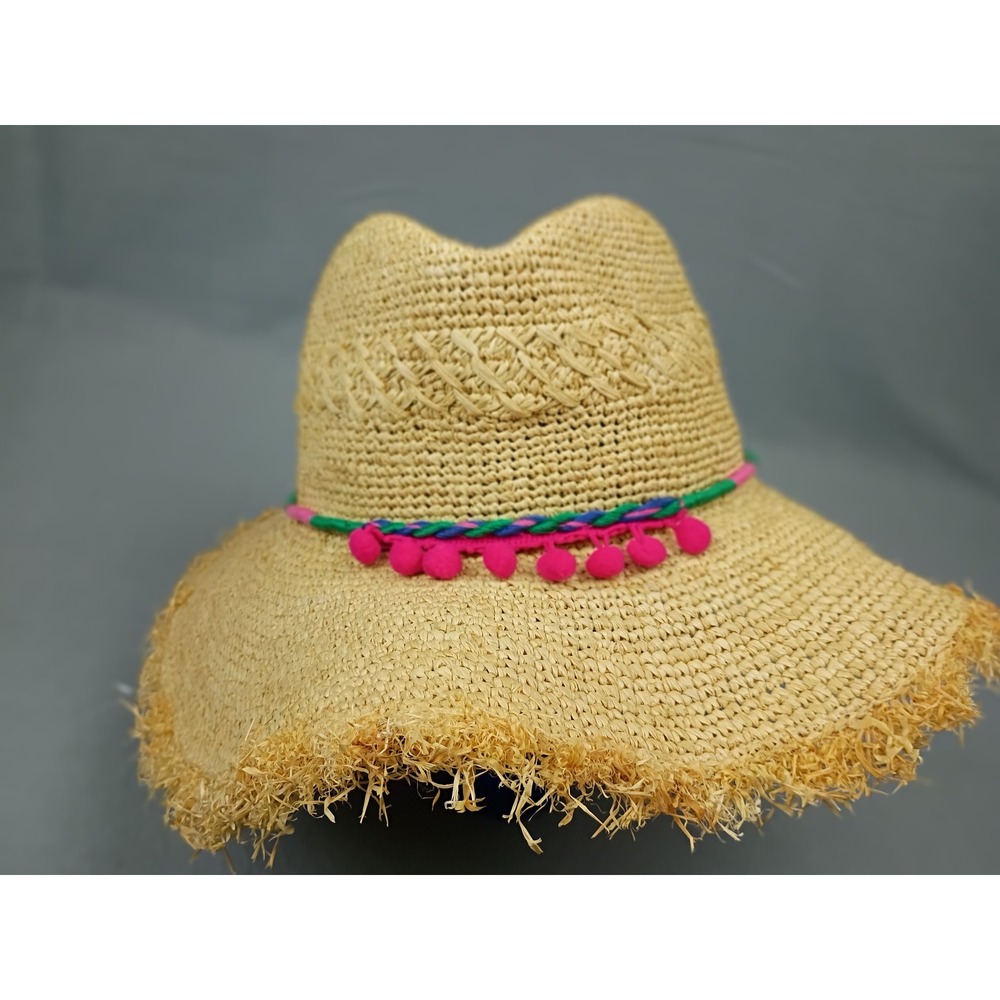 Woven Straw Sun Hat Wide Frayed Brim Pink Pom Poms Multi-Color Braided Fedora